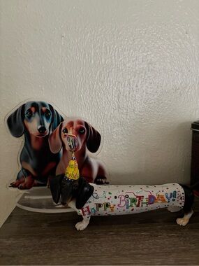 Birthday Dachshund Decorative Figurine - White with Multicolor Print